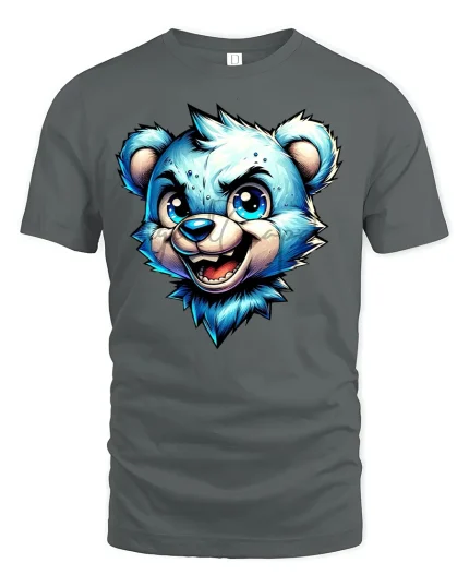 Cool Blue Bear Cartoon Face Fun Graphic T-Shirt - gray t-shirt on white background