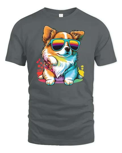 Cool Corgi With Rainbow Shades Funny Dog T-Shirt - gray t-shirt on white background