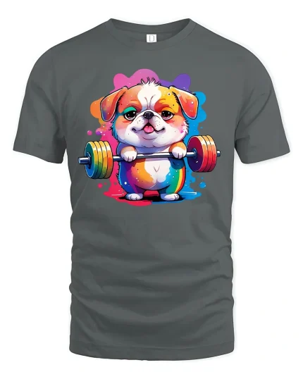 Funny Bulldog Weightlifting Colorful Gym T-Shirt - gray t-shirt on white background