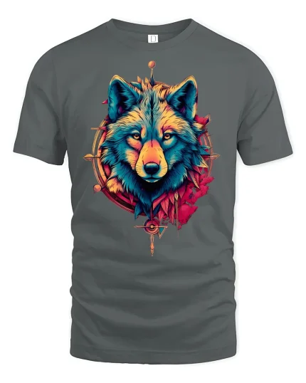 Tribal Wolf Spirit Bold Color Art Graphic T-Shirt - gray t-shirt on white background