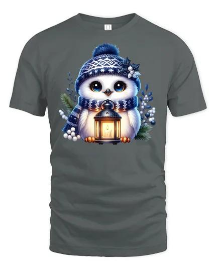 Cute Winter Owl with Lantern Cozy Holiday T-Shirt - gray t-shirt on white background