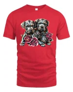 Cute Puppy Duo with Roses Adorable Love T-Shirt - red t-shirt on white background