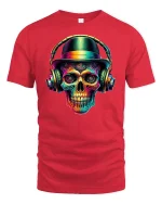 Colorful DJ Skull with Headphones Music Art T-Shirt - red t-shirt on white background
