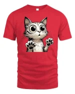 Funny Big Eyes Cat Surprised Expression Art T-Shirt - red t-shirt on white background
