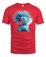 Cute Blue Furry Monster with Lollipop Funny T-Shirt - red t-shirt on white background