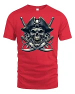 Fearless Pirate Skull Crossed Swords Graphic T-Shirt - red t-shirt on white background