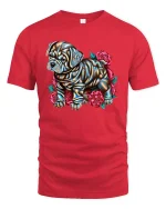 Shiny Bulldog with Roses Art Design Dog Lover T-Shirt - red t-shirt on white background