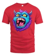 Crazy Blue Monster Face Funny Cartoon Art T-Shirt - red t-shirt on white background