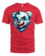 Cool Blue Bear Cartoon Face Fun Graphic T-Shirt - red t-shirt on white background