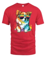 Cool Corgi With Rainbow Shades Funny Dog T-Shirt - red t-shirt on white background