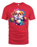 Funny Bulldog Weightlifting Colorful Gym T-Shirt - red t-shirt on white background