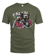 Cute Puppy Duo with Roses Adorable Love T-Shirt - military green t-shirt on white background