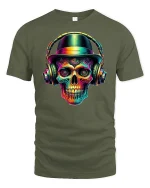 Colorful DJ Skull with Headphones Music Art T-Shirt - military green t-shirt on white background
