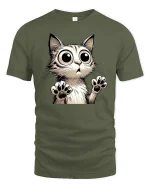 Funny Big Eyes Cat Surprised Expression Art T-Shirt - military green t-shirt on white background