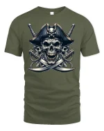 Fearless Pirate Skull Crossed Swords Graphic T-Shirt - military green t-shirt on white background