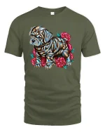 Shiny Bulldog with Roses Art Design Dog Lover T-Shirt - military green t-shirt on white background