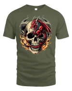 Fiery Red Dragon Skull Flame Power Art T-Shirt - military green t-shirt on white background