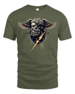Zeus Lightning God Mythology Art Graphic T-Shirt - military green t-shirt on white background