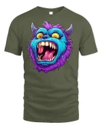Crazy Blue Monster Face Funny Cartoon Art T-Shirt - military green t-shirt on white background