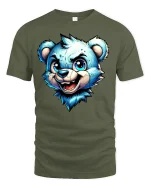 Cool Blue Bear Cartoon Face Fun Graphic T-Shirt - military green t-shirt on white background