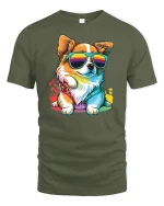 Cool Corgi With Rainbow Shades Funny Dog T-Shirt - military green t-shirt on white background