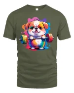 Funny Bulldog Weightlifting Colorful Gym T-Shirt - military green t-shirt on white background
