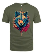 Tribal Wolf Spirit Bold Color Art Graphic T-Shirt - military green t-shirt on white background