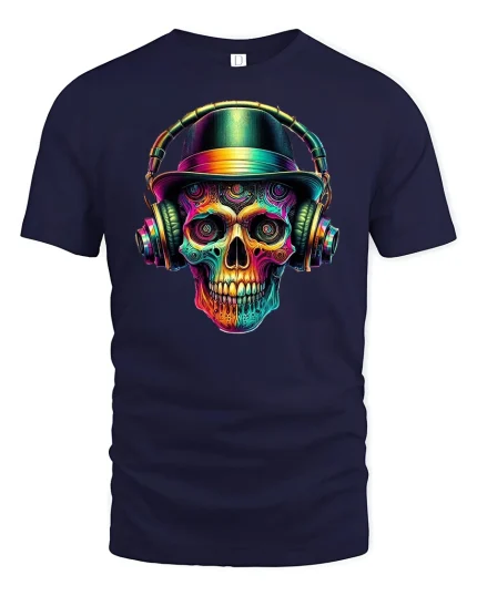 Colorful DJ Skull with Headphones Music Art T-Shirt - navy t-shirt on white background