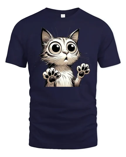 Funny Big Eyes Cat Surprised Expression Art T-Shirt - navy t-shirt on white background