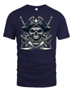 Fearless Pirate Skull Crossed Swords Graphic T-Shirt - navy t-shirt on white background