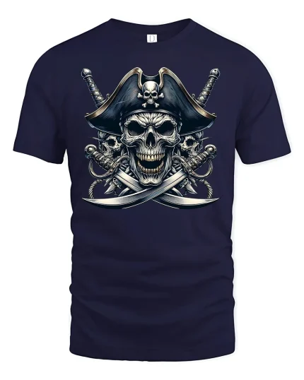 Fearless Pirate Skull Crossed Swords Graphic T-Shirt - navy t-shirt on white background