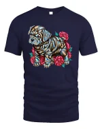 Shiny Bulldog with Roses Art Design Dog Lover T-Shirt - navy t-shirt on white background