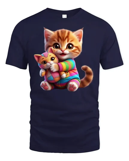 Cute Kitten Hugging Plush Toy Adorable Cat Lover Tee - navy t-shirt on white background