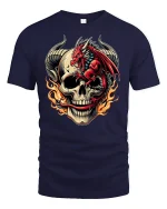 Fiery Red Dragon Skull Flame Power Art T-Shirt - navy t-shirt on white background