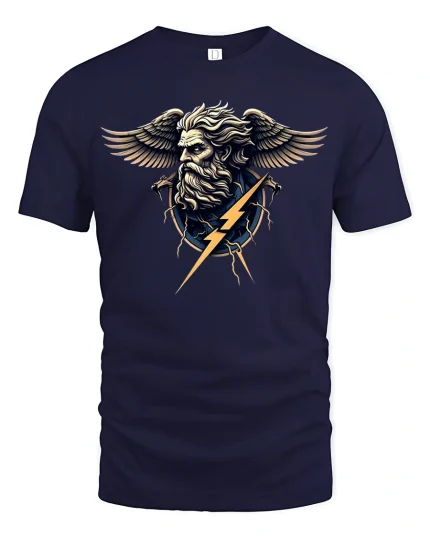 Zeus Lightning God Mythology Art Graphic T-Shirt - navy t-shirt on white background