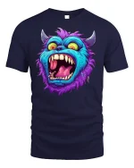 Crazy Blue Monster Face Funny Cartoon Art T-Shirt - navy t-shirt on white background