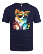 Cool Corgi With Rainbow Shades Funny Dog T-Shirt - navy t-shirt on white background