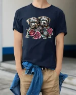 Cute Puppy Duo with Roses Adorable Love T-Shirt - model wearing navy tee with hands in pockets