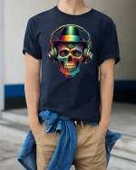 Colorful DJ Skull with Headphones Music Art T-Shirt - model wearing navy tee with hands in pockets