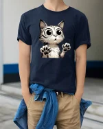 Funny Big Eyes Cat Surprised Expression Art T-Shirt - model wearing navy tee with hands in pockets