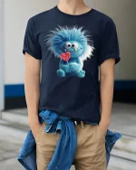 Cute Blue Furry Monster with Lollipop Funny T-Shirt - model wearing navy tee with hands in pockets