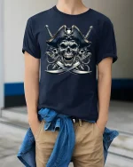 Fearless Pirate Skull Crossed Swords Graphic T-Shirt - model wearing navy tee with hands in pockets