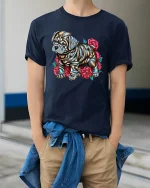 Shiny Bulldog with Roses Art Design Dog Lover T-Shirt - model wearing navy tee with hands in pockets