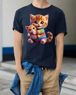 Cute Kitten Hugging Plush Toy Adorable Cat Lover Tee - model wearing navy tee with hands in pockets