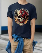 Fiery Red Dragon Skull Flame Power Art T-Shirt - model wearing navy tee with hands in pockets