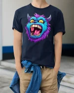 Crazy Blue Monster Face Funny Cartoon Art T-Shirt - model wearing navy tee with hands in pockets