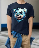 Cool Blue Bear Cartoon Face Fun Graphic T-Shirt - model wearing navy tee with hands in pockets
