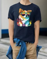 Cool Corgi With Rainbow Shades Funny Dog T-Shirt - model wearing navy tee with hands in pockets