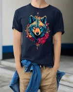 Tribal Wolf Spirit Bold Color Art Graphic T-Shirt - model wearing navy tee with hands in pockets