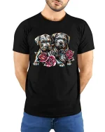 Cute Puppy Duo with Roses Adorable Love T-Shirt - model wearing black tee with hands behind back